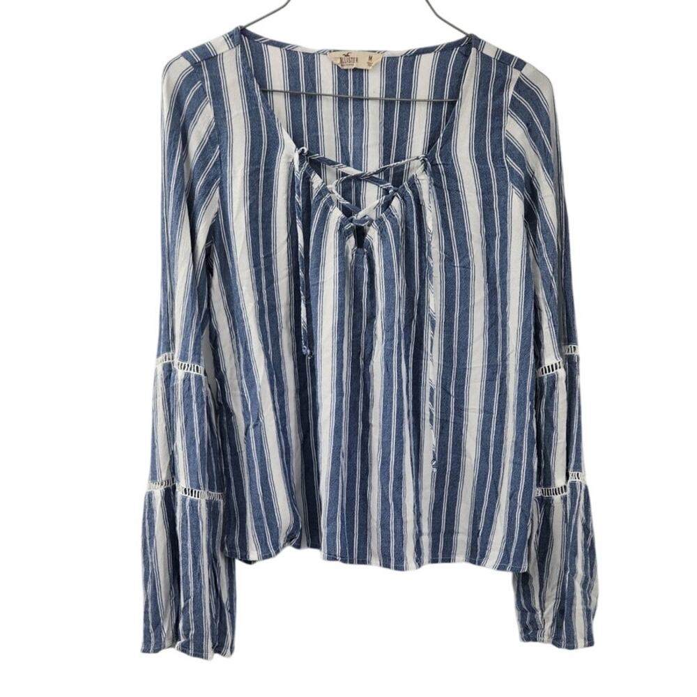 Hollister Blue Striped Ruffle Sleeve Top Womens Size Medium M